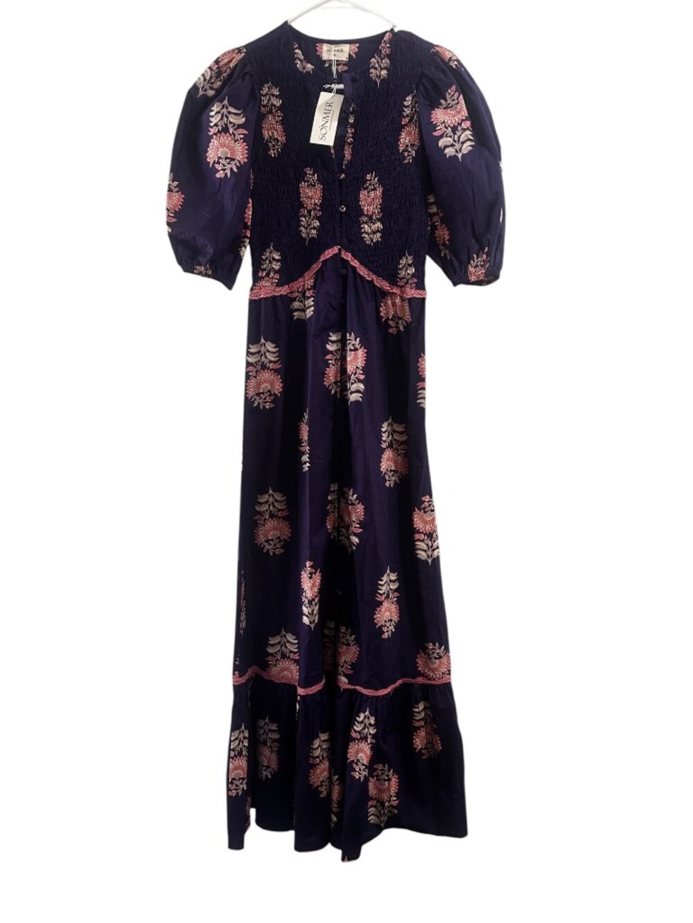 SONMER Peasant Magnolia Maxi Dress Small Womens Purple Ballon Sleeves Smocked - Picture 3 of 16
